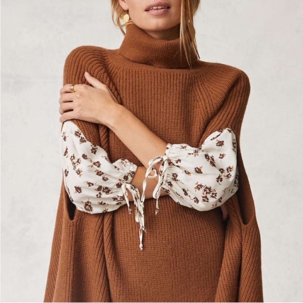 Anthropologie Ribbed Knit Poncho Turtleneck Sweater Layering Brown Women's OS - Picture 3 of 9